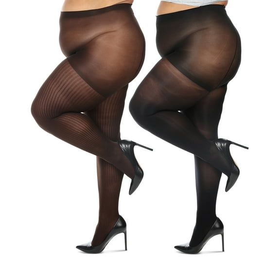 MeMoi Women's Curvy 2 Pair Pack Flat Knit and Rib Control Top Tights - Mens - Male