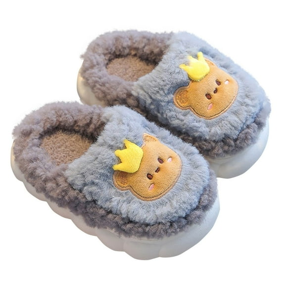 Fesfesfes Winter Cute Print Childrens Slippers Boys Girls Non Slip Warm Fleece Lined House Shoes for Kids Cozy Fuzzy Plush Toddler Slippers for Indoor and Outdoor Activities(Gray#2,2-3 Years)