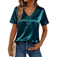 thumbnail image 2 of Feancey Womens Work T-Shirts Business Casual Satin Tops Button V Neck Loose Blouse Summer Trendy Going Out Tees Gifts for Her Mint Green XL, 2 of 9