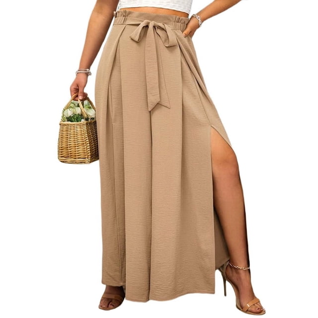 Pantalones Casuales de Pierna con Abertura para Mujer,Pantalones de Playa Holgados Estilo Palazzo de Cintura Alta,Pantalones de Verano Estilo Bohemio con Bolsillos. Caqui XL