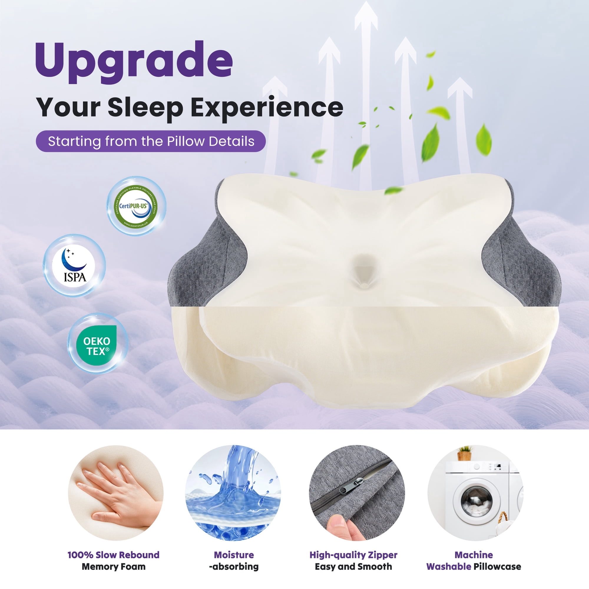 JIOABL Cervical Memory Foam Pillow, Contour Design with 2 Heights, Breathable Cover, Neck Support for Side Back Sleepers, Dark Gray