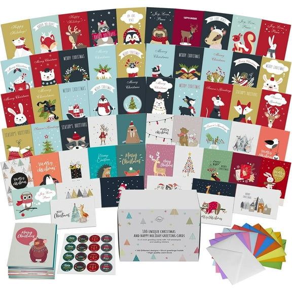 Dessie 100 Unique Modern Christmas Cards with Envelopes and Matching Sealing Stickers. Happy Holiday Cards with Short Greetings Inside. Bulk Christmas Cards Boxed with Envelopes