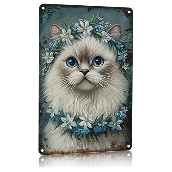 Ragdoll Cat Floral Crown Vintage Metal Tin Sign Blue Eyed White Cat with Flower Wreath Artwork Rustic Aluminum Poster for Home Office Bar Cafe Wall Decor 8x12 Inch