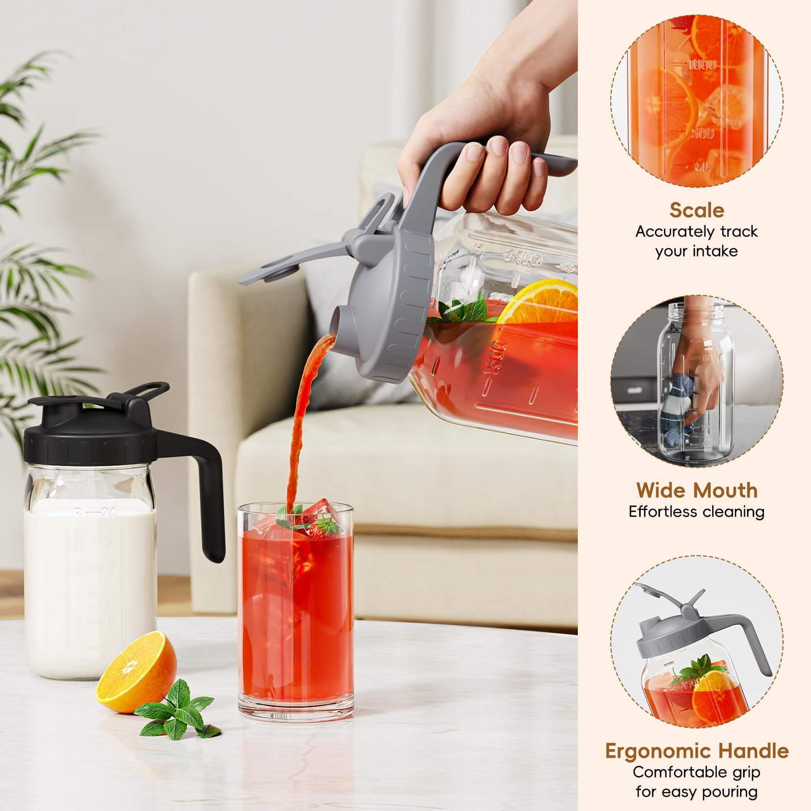 Breast Milk Pitcher - 32 Oz Glass Mason Jar With Dual Leak-proof Design  Airtight Seal Pour Spout & Handle Storage Container For Breastmilk Iced Tea Ice Drinks(black)