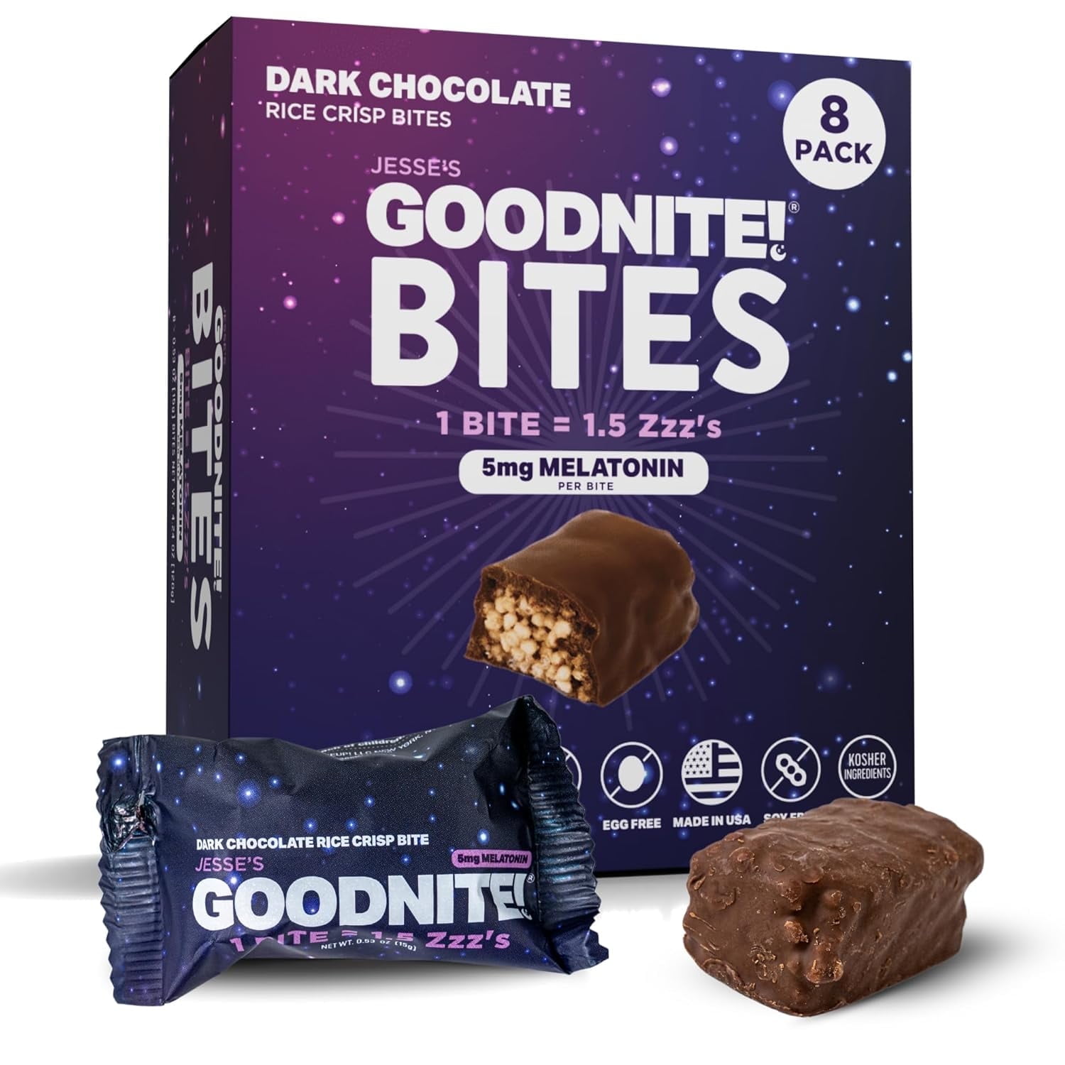 Jesse's Wakeup Goodnite Sleep Bites – Proprietary Blend with 5mg Melatonin & L-Theanine – Vegan, Gluten-Free, Kosher – 1 Box (8 pack)