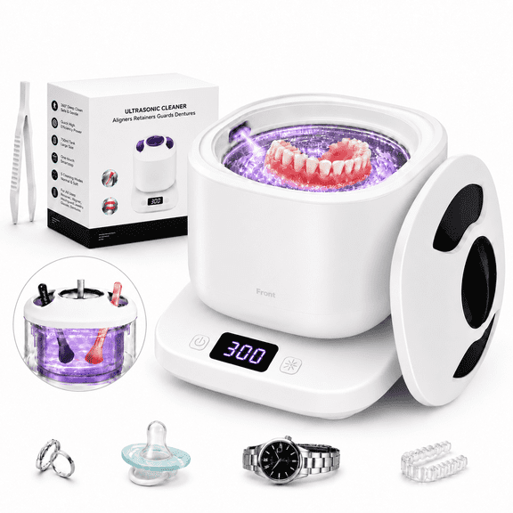 Ultrasonic Retainer Cleaner, 45kHz Retainer Cleaner Machine , Dental Pod for Aligners, Mouth Guard, Jewelry, Toothbrush,Portable Detachable Tank, White, Gift