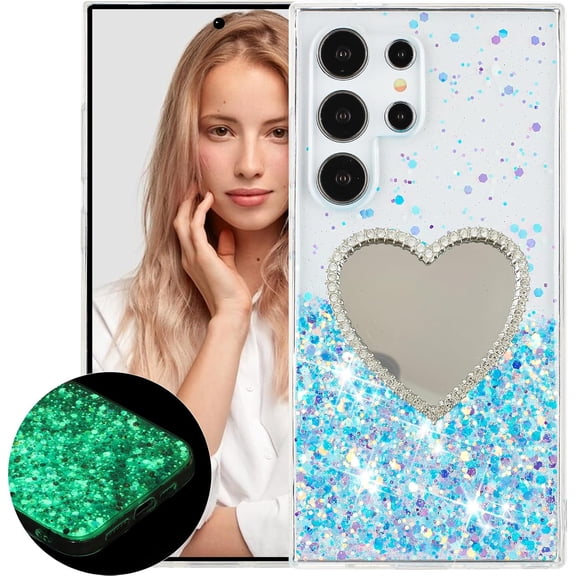 Luminous Glow in The Dark Case for Samsung Galaxy S25 Ultra (Not S25), TPU Soft Bling Glitter with Heart-Shaped Makeup Mirror, Fluorescent Slim Protective Cover for Galaxy S25 Ultra YGJ-Blue