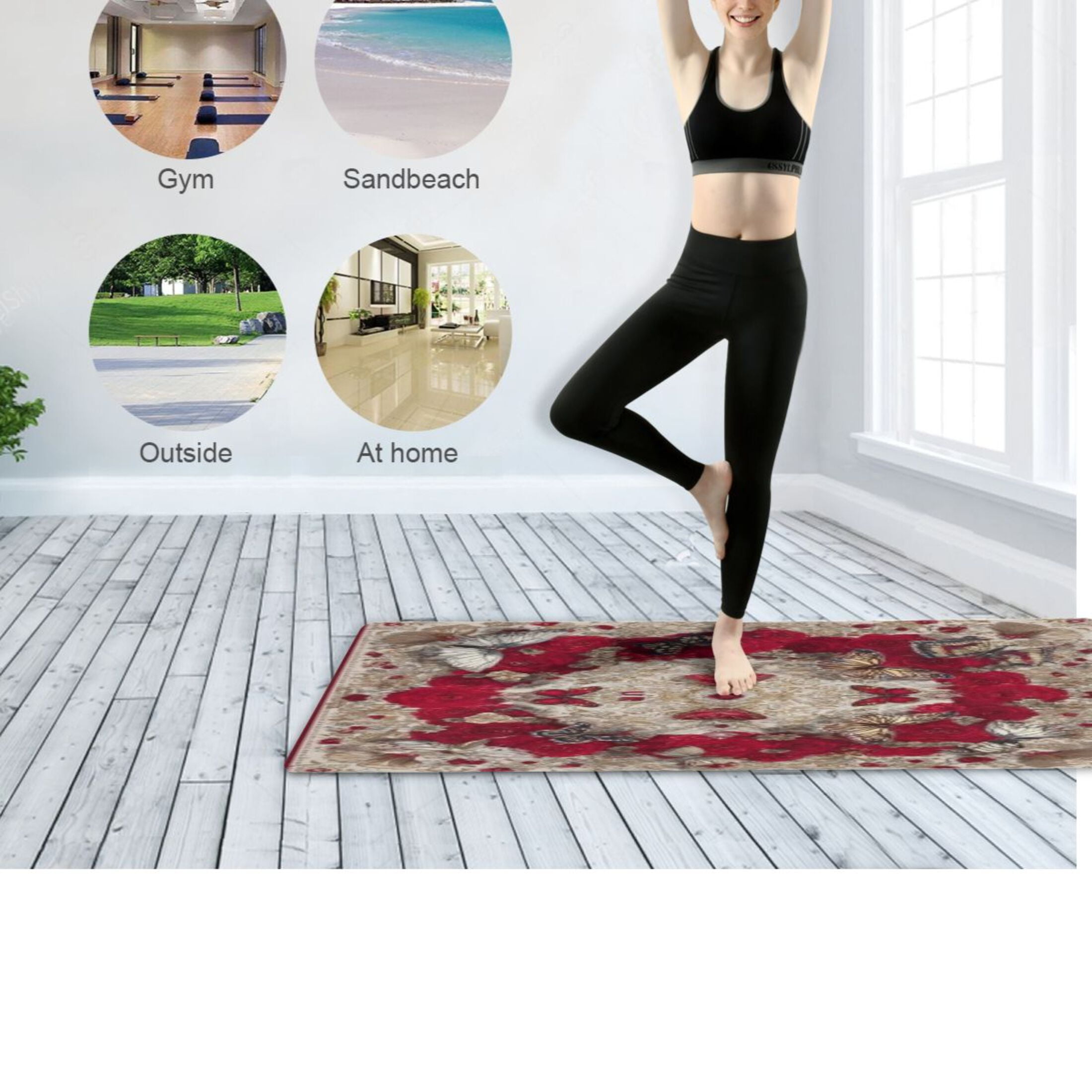 BZSMCE Yoga Mat Women Fitness Mat Symmetric Rose Butterflies Pattern