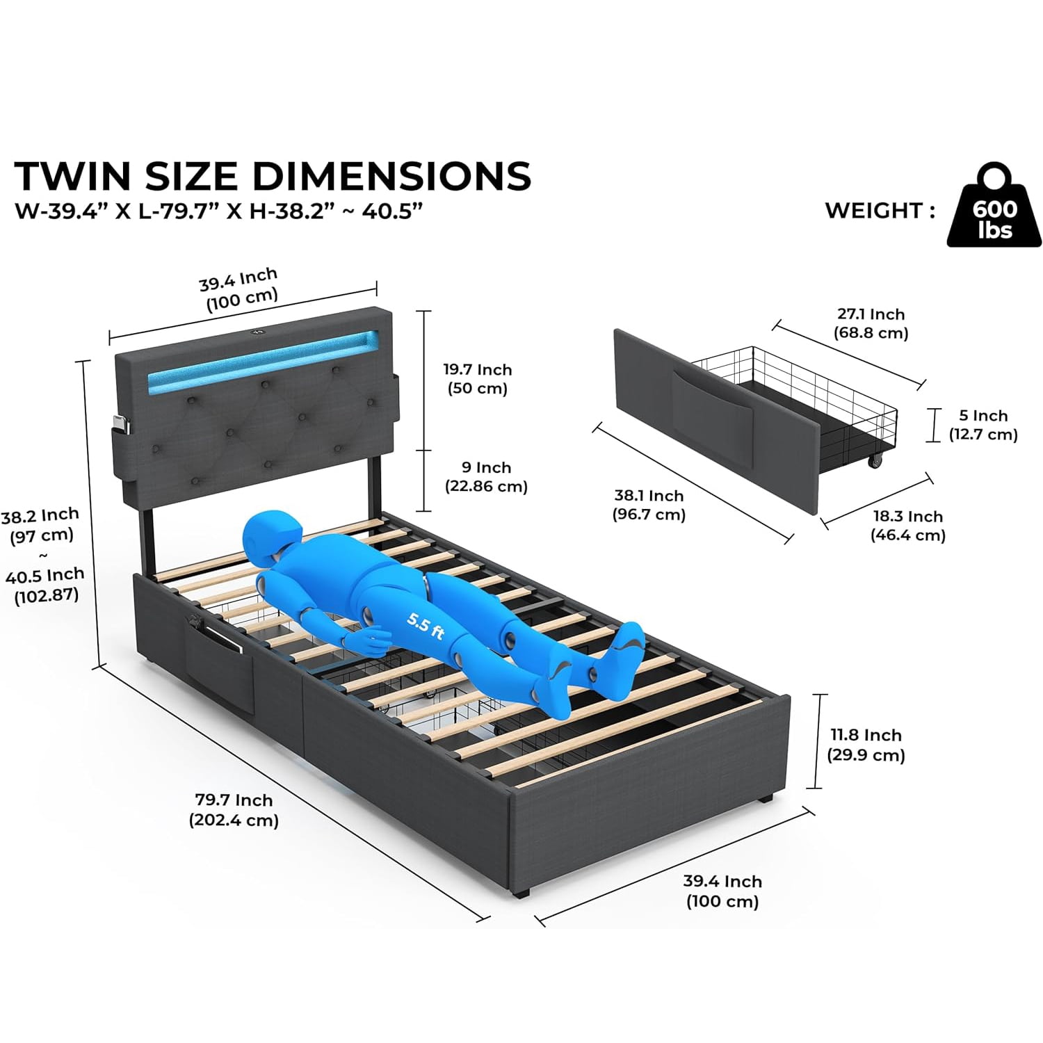 Miniyam Upholstered Twin Size Bed with USB Charging Station, LED Lights, Storage Drawers, Dark Gray