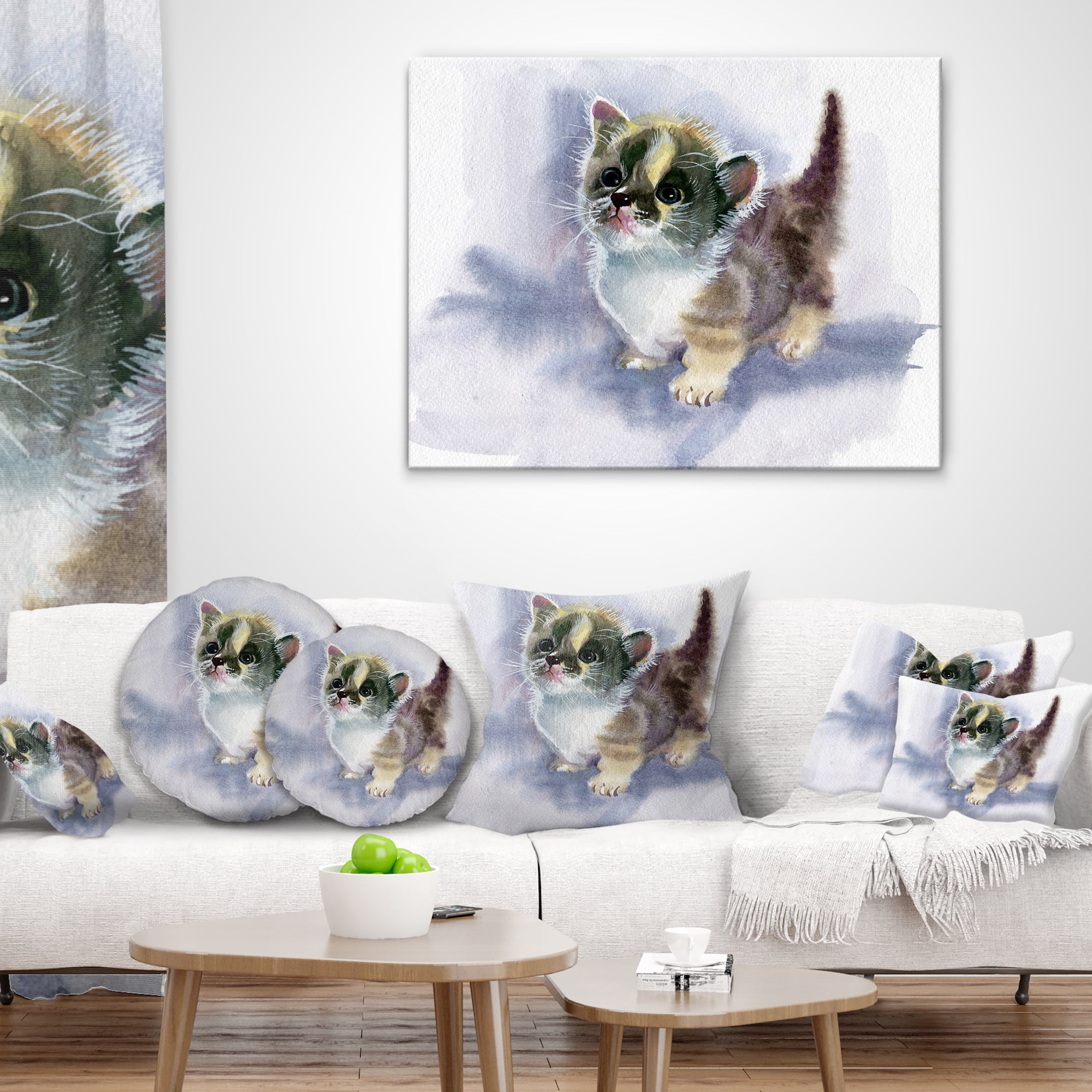 Designart Cute Kitten on Blue Watercolor - Animal Throw Pillow - 12x20
