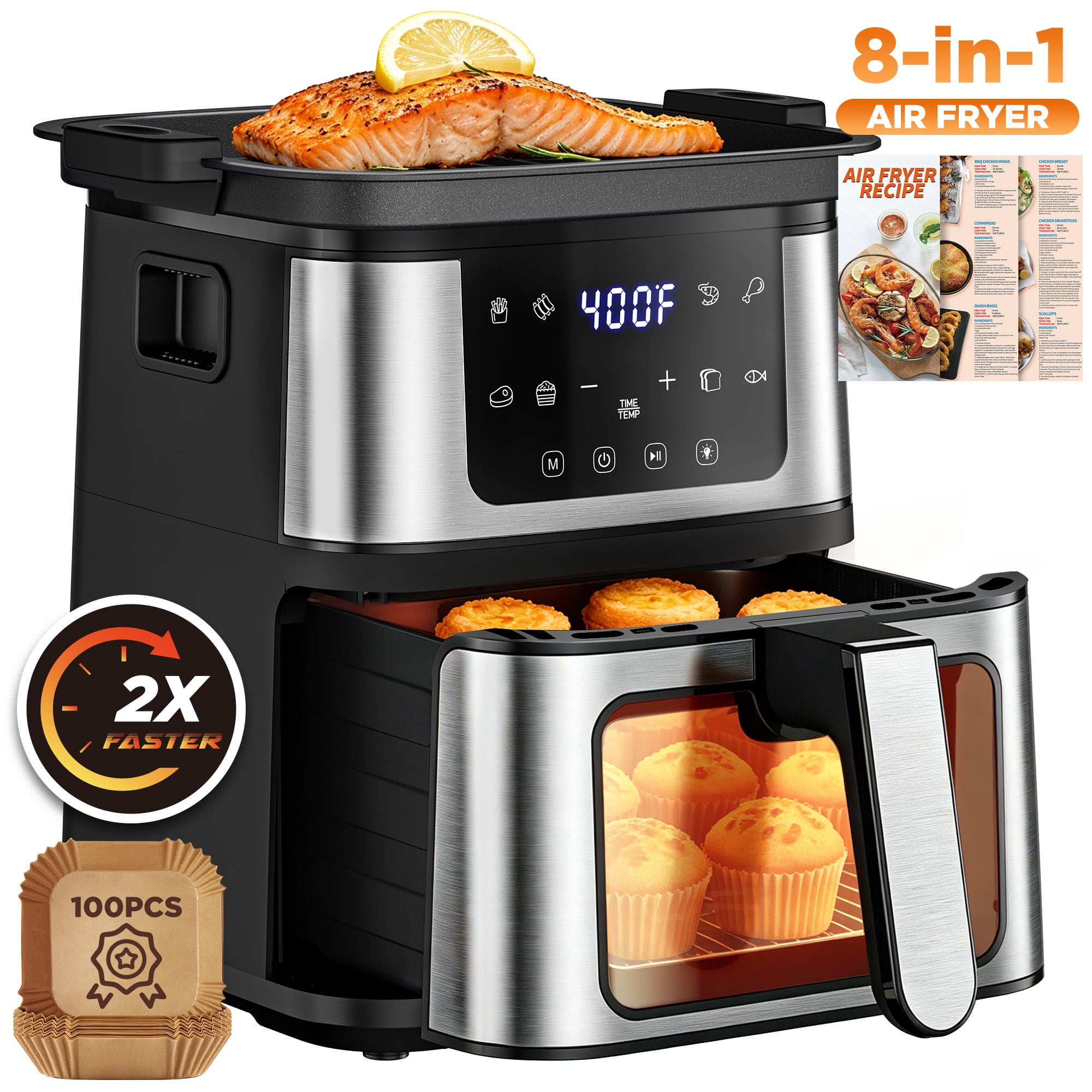 7.5 QT Portable Air Fryer Oven with Baking Tray, 8 Preset Functions, 8-in-1 Touch Screen, Visible Window, Dishwasher-Safe Oiless Air Fryer, 100Pcs Paper Liners