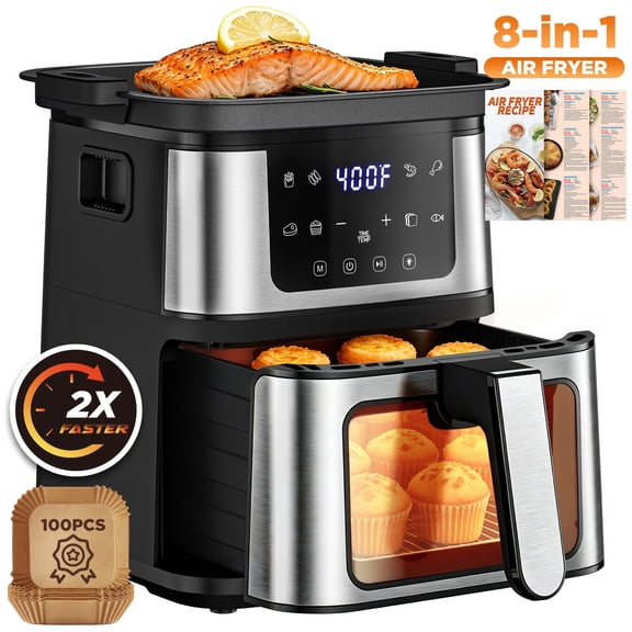 7.5 QT Portable Air Fryer Oven with Baking Tray, 8 Preset Functions, 8-in-1 Touch Screen, Visible Window, Dishwasher-Safe Oiless Air Fryer, 100Pcs Paper Liners