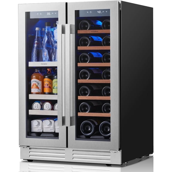 Ca'Lefort 24 inch Wine and Beverage Refrigerator,Holds 60 Cans 20 Bottles Dual Zone Cooler,Built-in & Freestanding for Home/Kitchen/Bar