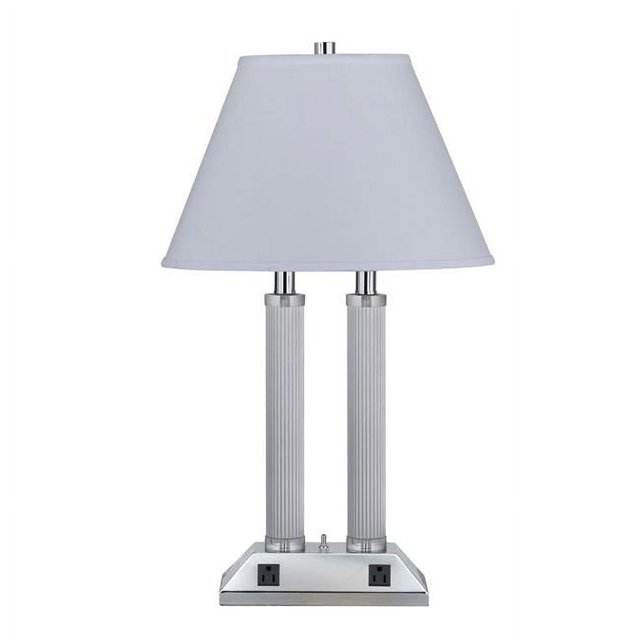 Benjara BM223650 120W Metal Desk Lamp with Fabric Conical Shade & Ribbed Body, White