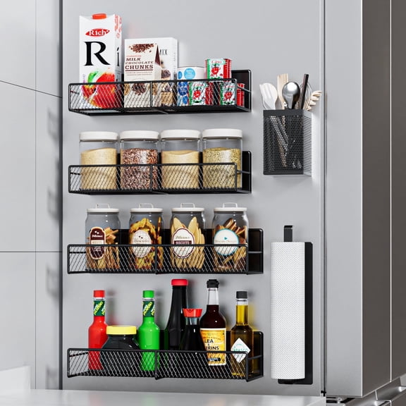TINANA Magnetic Spice Rack, Refrigerator Organizer, 6 Pack Metal Black Magnetic Shelf with Paper Towel Holder, Utensils Holder, Strong Magnets, Space Saving