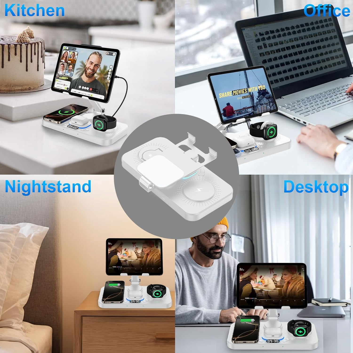 6 in 1 Wireless Charger for Apple Device, 30W Foldable Charging Station for ipad with Clock & 7 Color Ambient Light, Nightstand Wireless Charger for iPhone 16/15/14/iWatch Series/AirPods 4/3(Black)