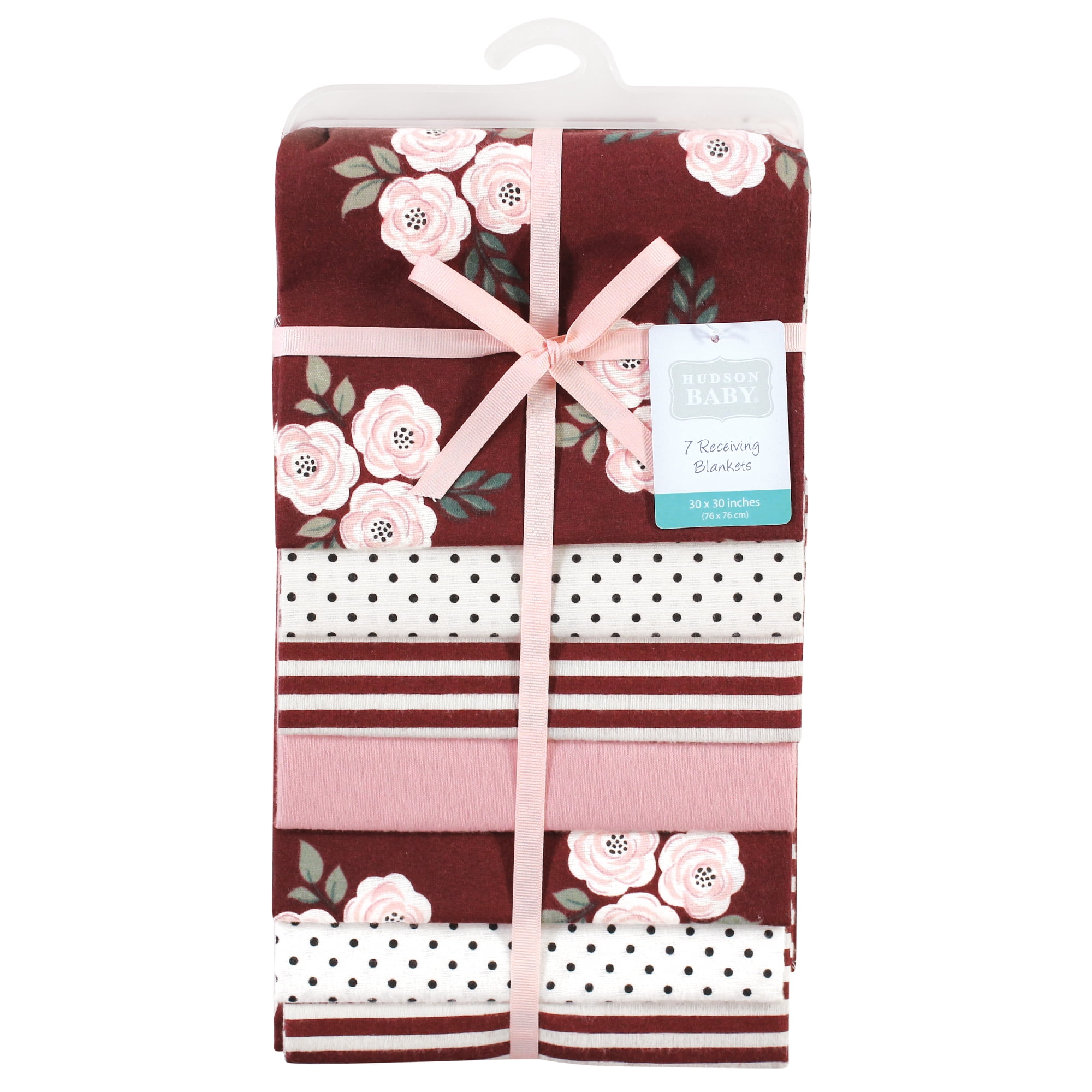 Little Treasure Hudson Baby Girls Cotton Poly Flannel Receiving Blankets 7-Pack, Burgundy Florals, 30x30 inches