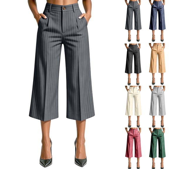 Womens Striped Capri Suit Pants High Waist Pocket Cropped Workwear Wide Leg Trousers for office Daily Casual Dark Gray XL(XL)