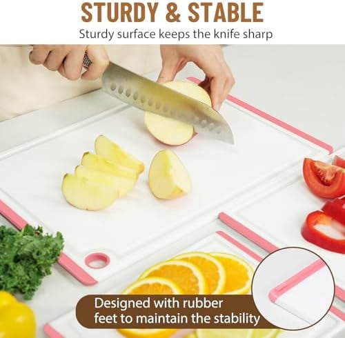 Plastic Cutting Boards for Kitchen, 3-Piece Large Cutting Board Set Dishwasher Safe Chopping Boards with Non-slip Feet and Juice Grooves, Pink