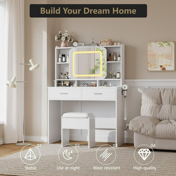 Garvee White Sliding Vanity Desk Set with Stool, Mirror & Lights – Makeup Vanity with Charging Station, Drawers & Storage Shelves for Bedroom