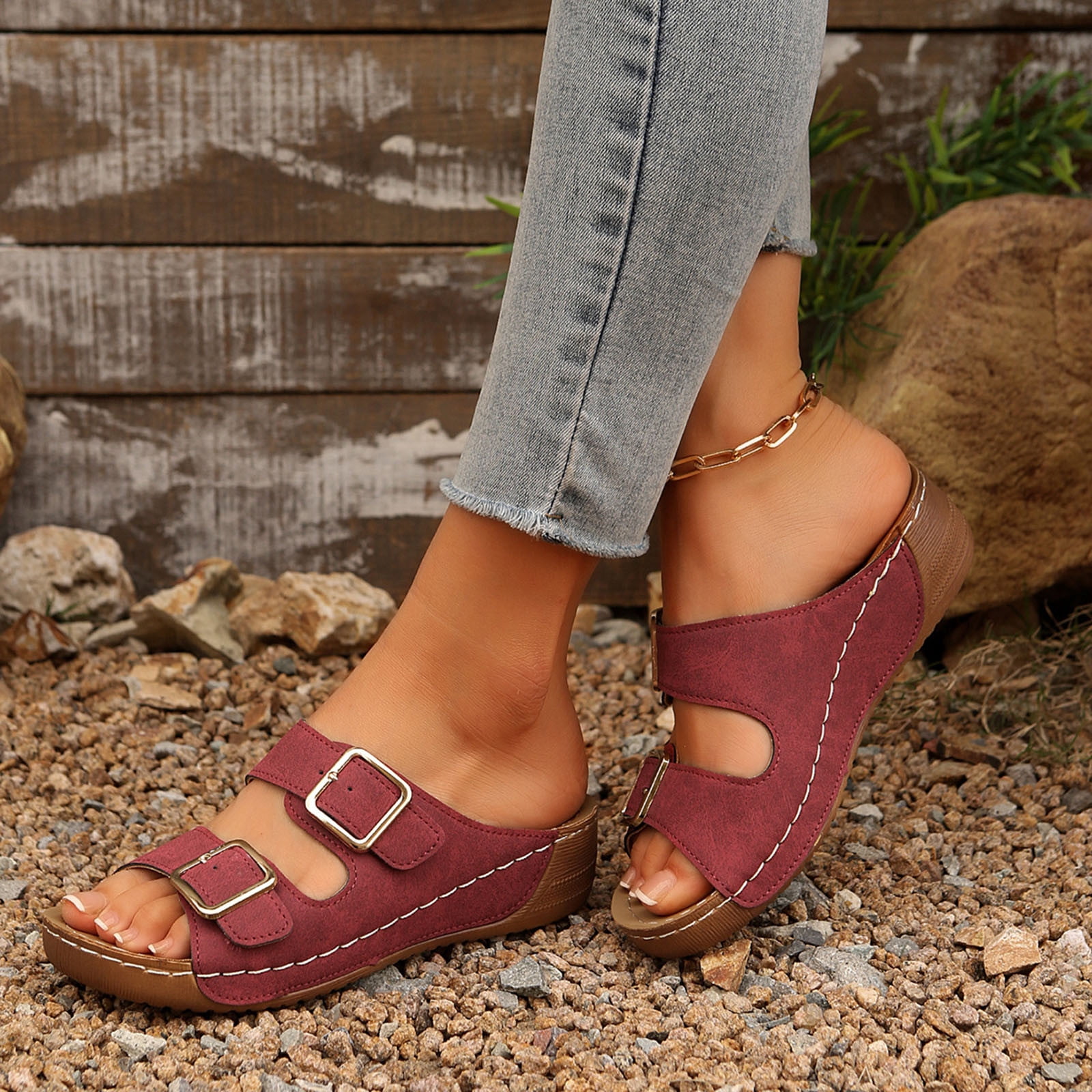 MLCDZ Summer Sandals for Women Orthopedic Wedge Shoes Comfortable Walking Slides Plantar Fasciitis Sandals with Arch Support Anti-Slip Beach Sandals Breathable Red 38