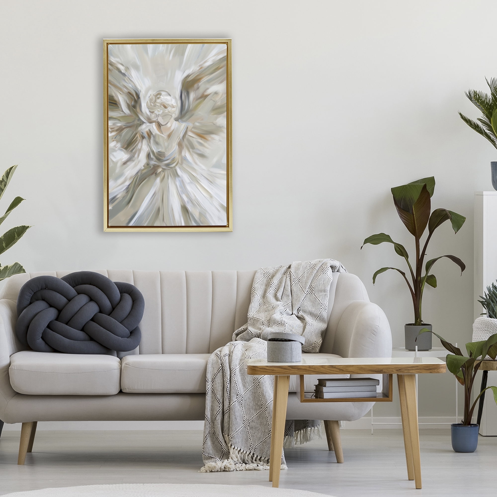 Stupell Industries Serene Angel with Flowing Wings Gold Framed Floater Canvas Wall Art, design by Petal Prints Design