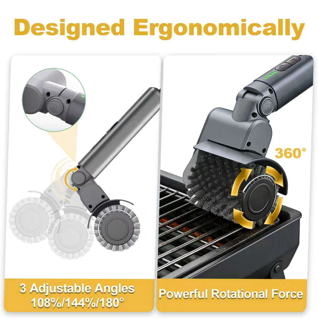 LHPY Electric Grill Brush Cleaner for Outdoor,150Mins BBQ Grill Cleaner with 3 Heads, 3-Speed & Angle Adjust Cordless Rotary Grill Brush(Gray)