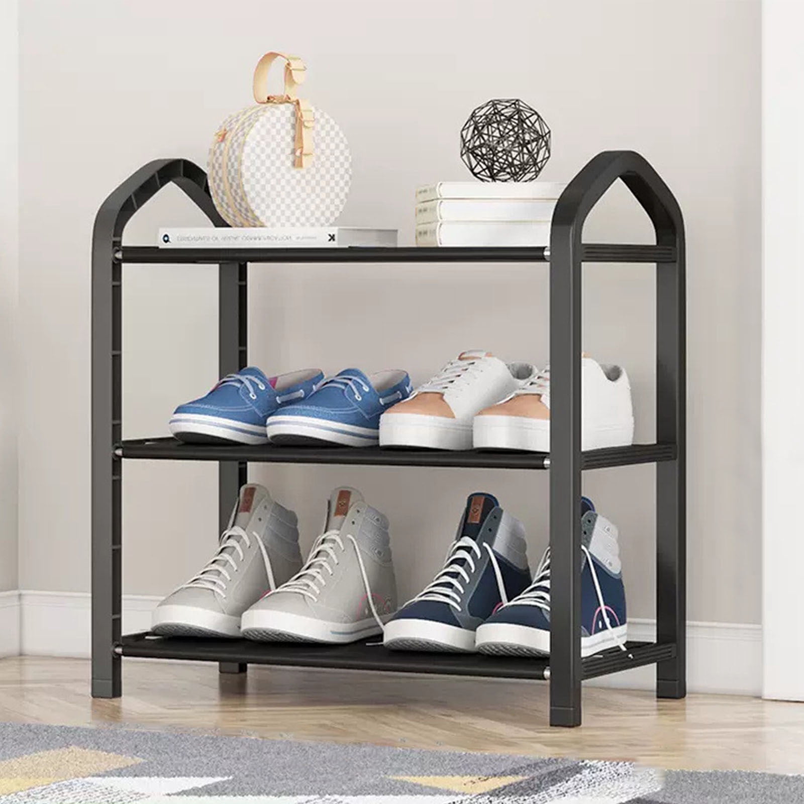 Black Three-layer Shoe Rack Indoor Economical Rental Room Small Storage Shoe Rack Free Standing Shoe Rack for Entryway Closet Doorway