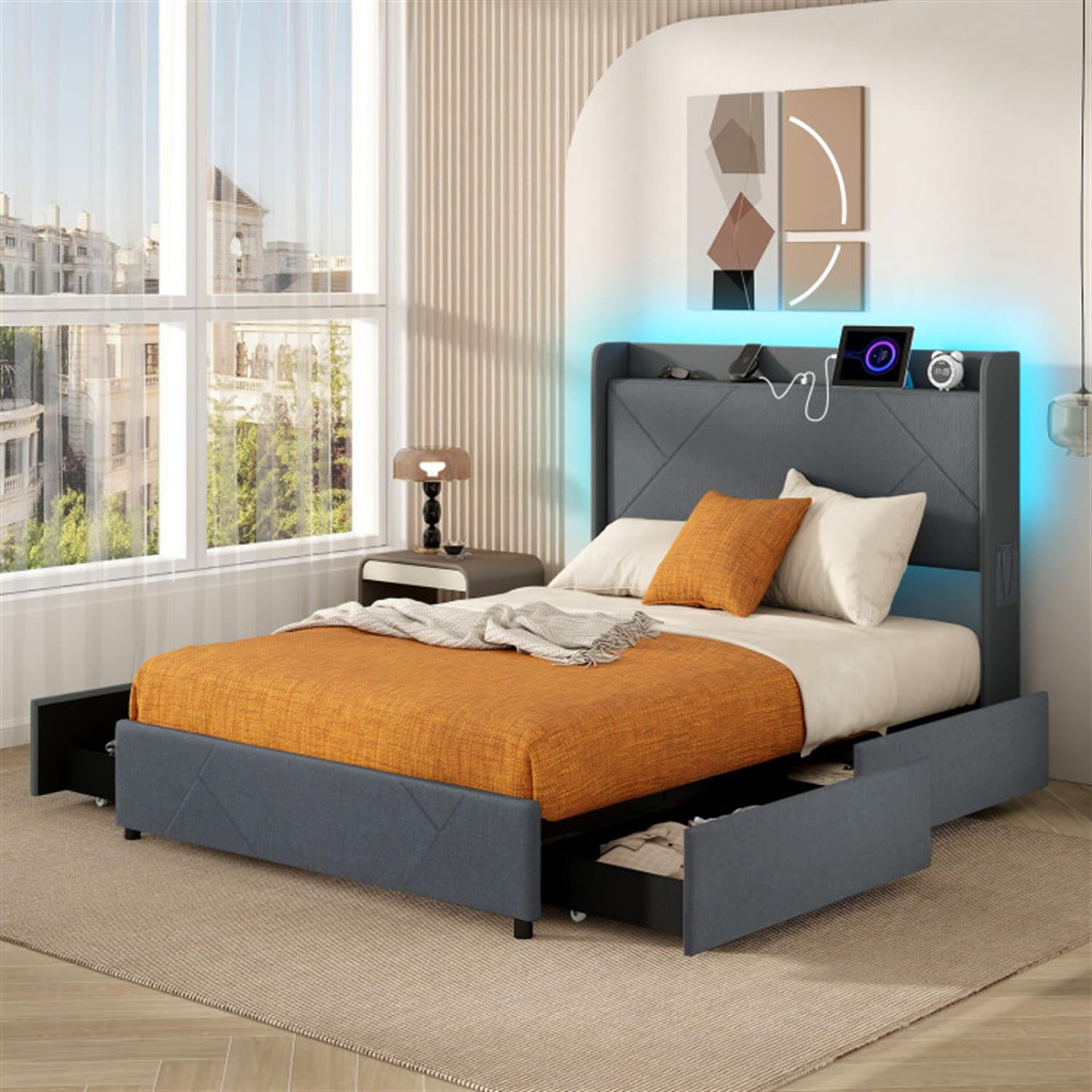 Demi Bonn Full Size Bed Frame with LED Lights and Charging Station, Platform Bed Frame with 4 Storage Drawers, Noise-Free/No Box Spring Needed, Gray