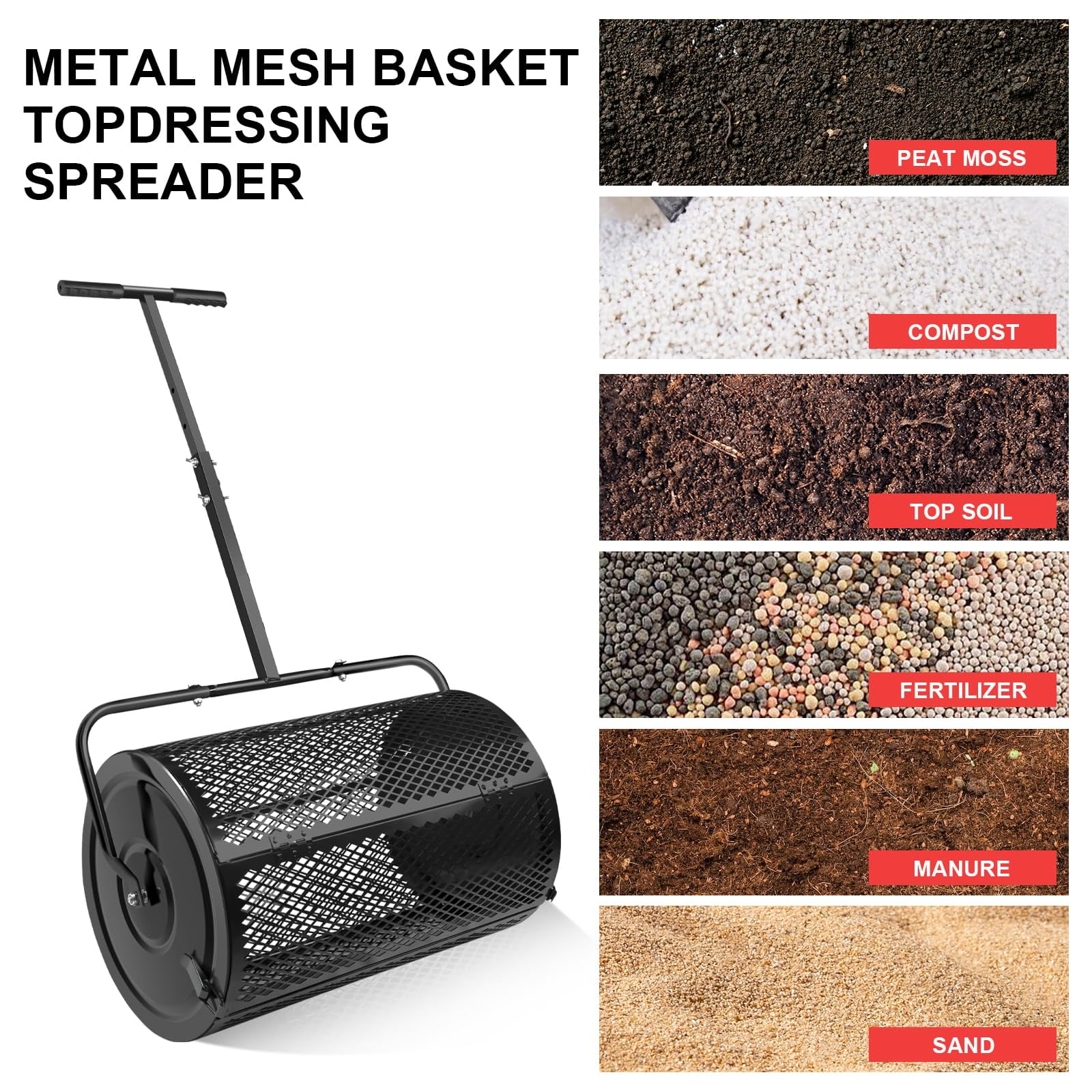Bringstar 24" Compost Spreader for Lawn, Peat Moss & Manure Roller Spreader with Adjustable T-Shaped Handle, Heavy-Duty Metal Mesh Basket Topdressing Spreader for Soil, Sand, Seed & Fertilizer, Black