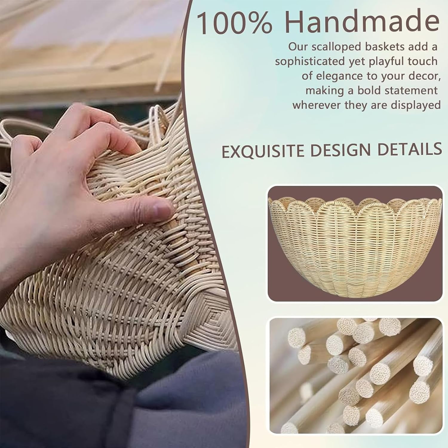 Scalloped Wicker Wall Basket, Hand Woven Hanging Basket, Natural Scalloped Hanging Wall Basket Storage & Home Decor, for Living Room Bathroom Kitchen (2 Pcs,14 x 8 x 6 Inch)