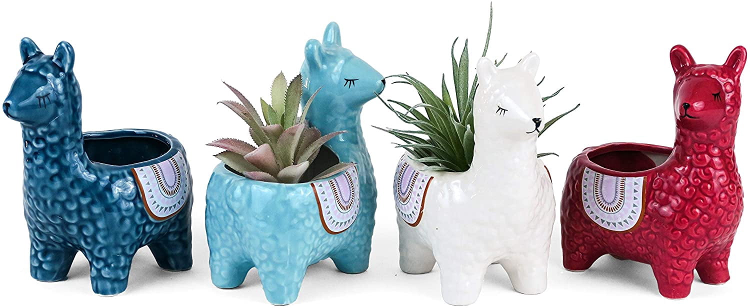 Cute Alpaca Succulent Pots, 4 Pc. Set, Decorative Ceramic Planters for Natural Indoor Gardens and Cacti, Colorful Office and Home Decor for Living Room, Kitchen, or Desk