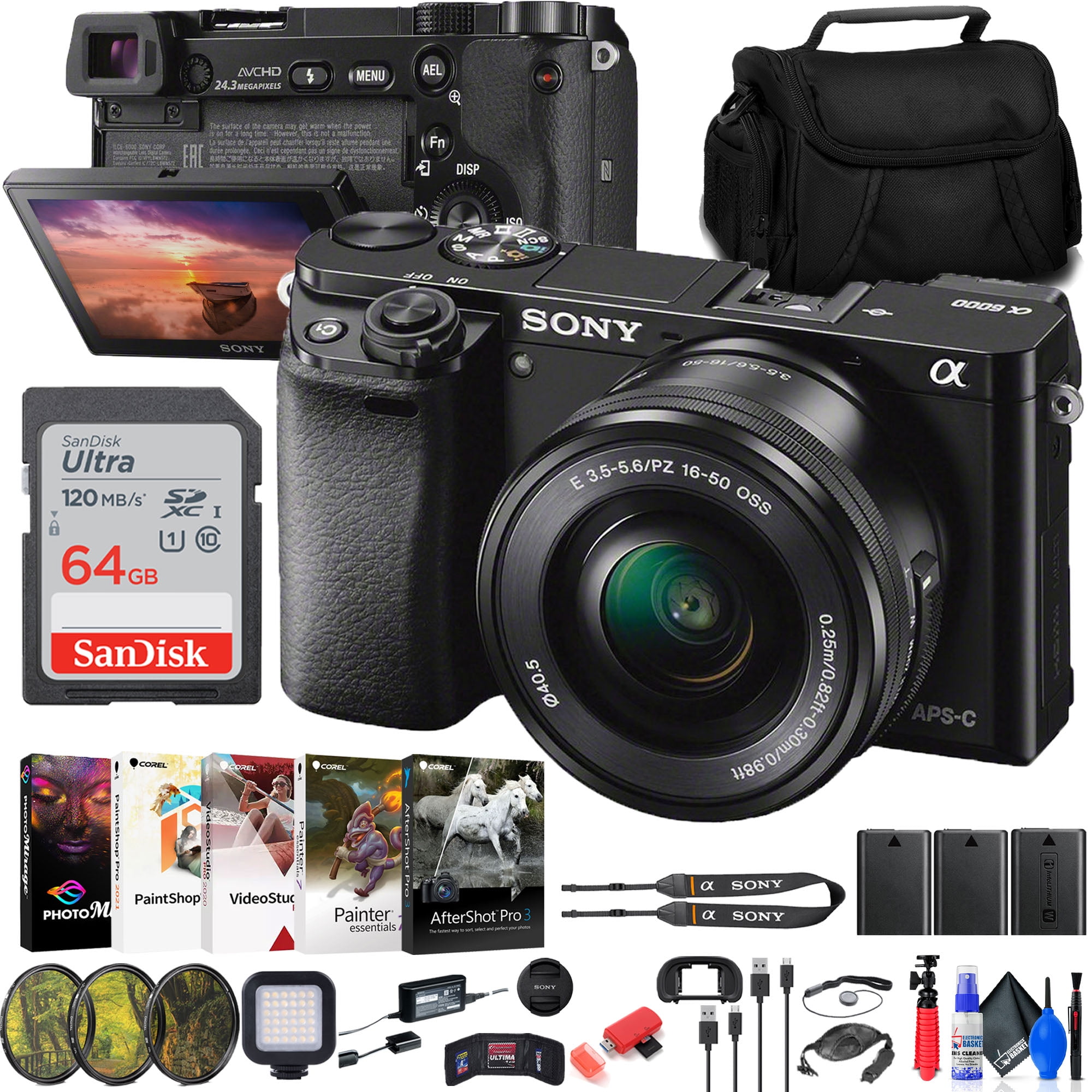 Sony Alpha a6000 Mirrorless Digital Camera with 16-50mm Lens (Black) (ILCE6000L/B) + Filter Kit + 64GB Card + 2 x NPF-W50 Battery + Card Reader + LED