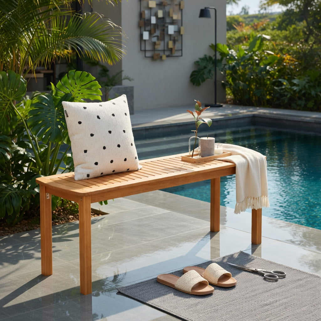 Hommoo Acacia Wood Outdoor Garden Bench, Slatted Seat, Weather-Resistant Patio Seating for 2, Natural