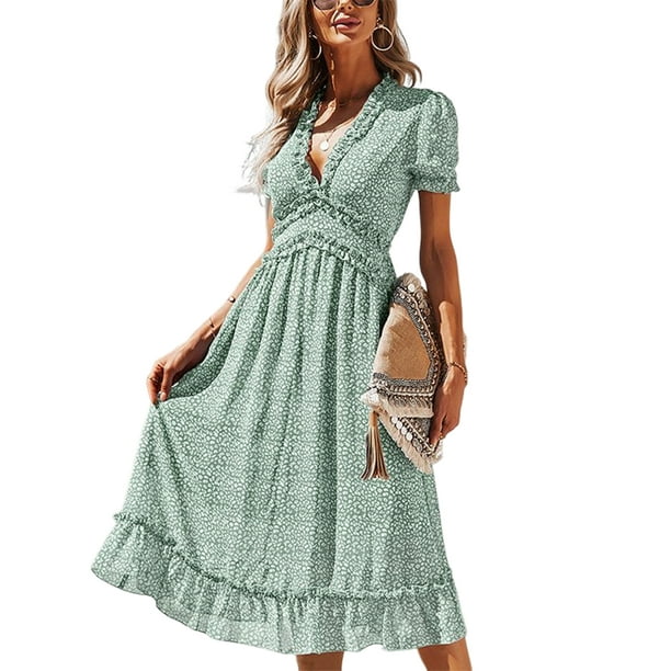 Bellella Ladies Long Dress A-Line Summer Beach Sundress V Neck