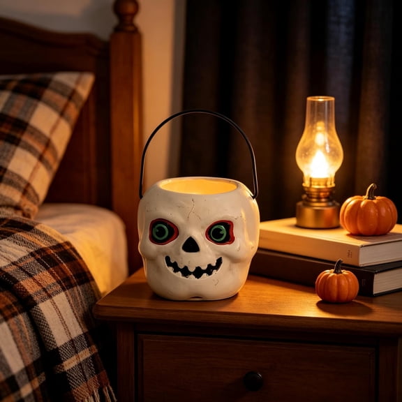 Clearance Halloween Candy Bucket, Resin Skeleton Pumpkin Pails with Handles, Vintage Mini Treat Bowls for Fall Table Mantel Party Decor