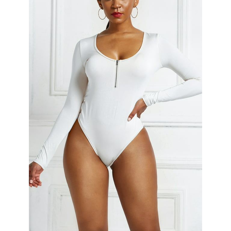 CUE AIR Women's Plus Size Bodysuits Sexy Slim Bodycon 1/4 Zip Long Sleeve  Jumpsuit 