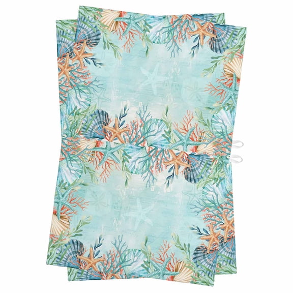 Blue Coastal Kitchen Towels Set of 2, Water Absorbent Dish Towel, Summer Nautical Beach Coral Starfish Decorative Hand Towels - Quick Drying Cloth for Cooking Baking, 18x28 Inch