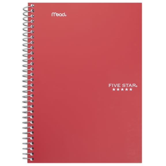 Five Star Wirebound Notebook, 5 Subject, College, 9 1/2" x 6", Red (73657)