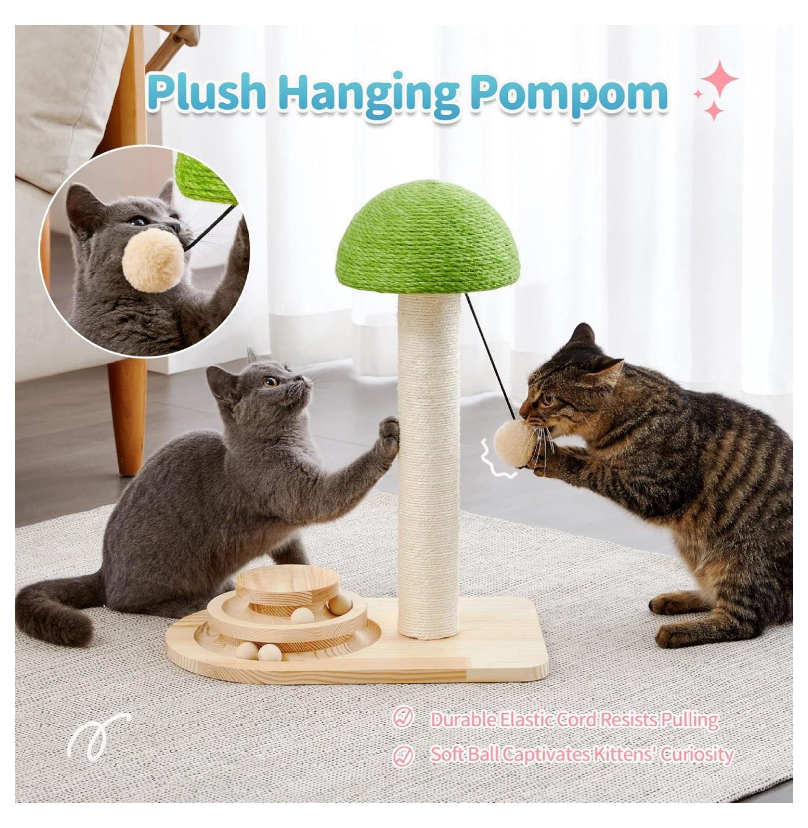 Cat Scratching Post Mushroom, Sisal Scratcher with Ball Toy - 20 Inch Kitten Scratcher for Indoor Cats - Interactive Wood Cat Tree Activity Center Green