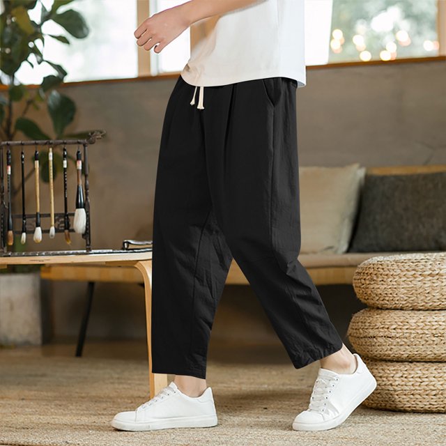Yusimy Men's Casual Pants Elastic Waist Drawstring Solid Color Pocket Casual Style