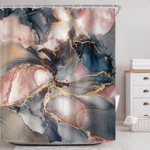 Marble Abstract Luxury Art Shower Curtain for Bathroom Decor 72Wx72H Navy Blue Pink Modern Purple Marble Rose Gold Ombre Aesthetic Printed Fabric Polyester Waterproof 12 Pack Plastic Hooks