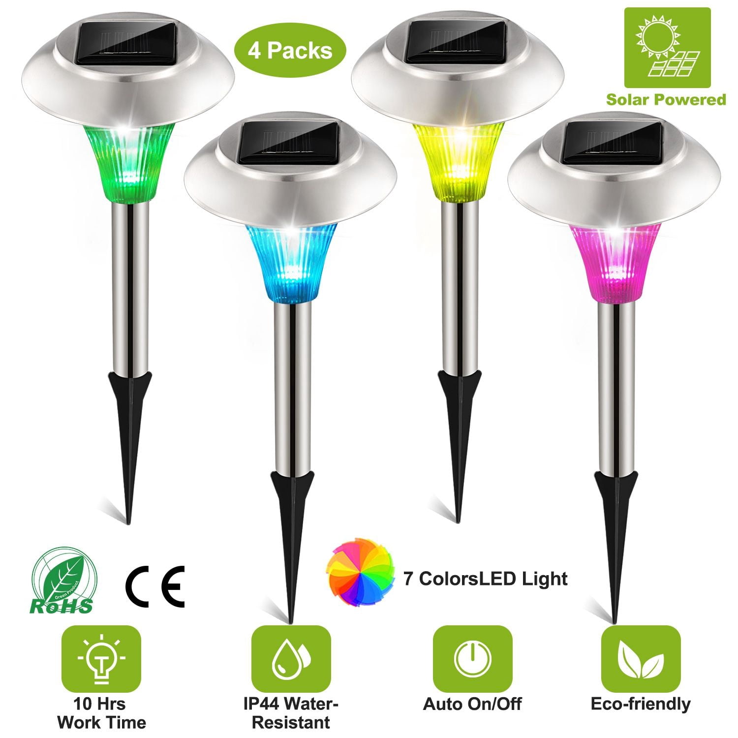 4-Pack Color Changing Solar Garden Lights, Stainless Steel & PC Plastic, IP44 Waterproof, 8Hr Charge 10Hr Work, Pathway Decor for Garden Lawn