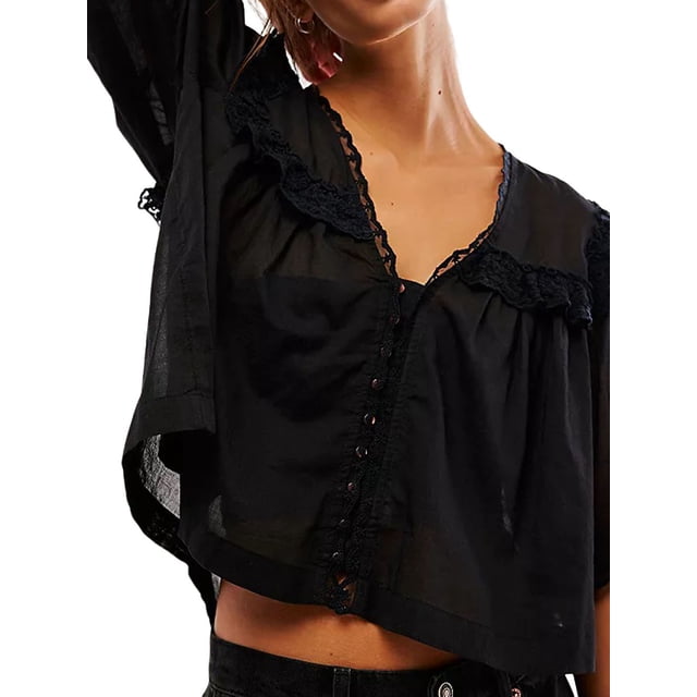Gupgi Women Mesh Shirts Summer Solid Color V-Neck Short Sleeve Ruffles Translucent Blouse Casual Loose Tops