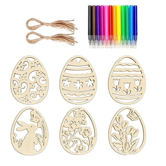 Creatine 6ML Easter DIY Wooden Egg Painting Unfinished Hanging Easter Eggs With Markers For Kids & Holiday Each.