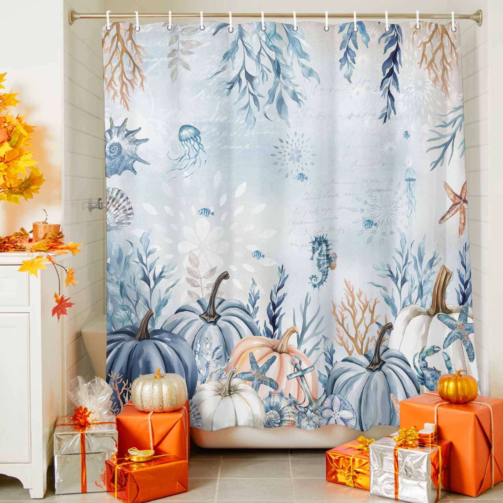 Shower Curtain Bathroom Set Blue Pumpkin Thanksgiving Sea Starfish Coral Waterproof Fabric Shower Curtains with Grommets&Hooks Gradient Ocean Style Privacy Bath Curtain for Bathtub 36x72in
