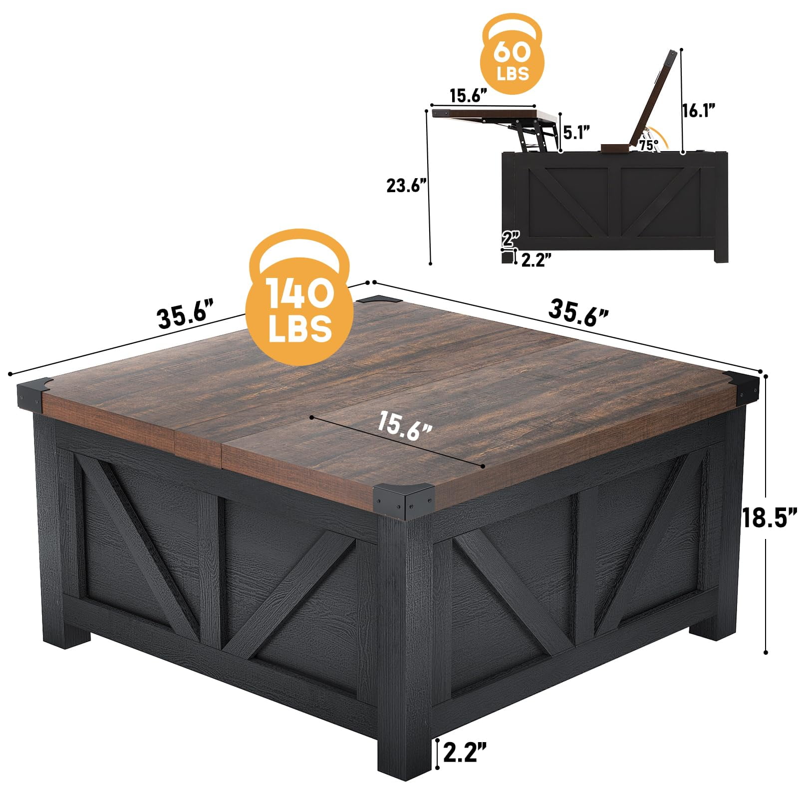 ChVans 35.6" Square Lift Top Coffee Table, Farmhouse Coffee Table with Storage & Charging Ports, Wood Center Table w/Large Hidden Space for Living Room Home Office