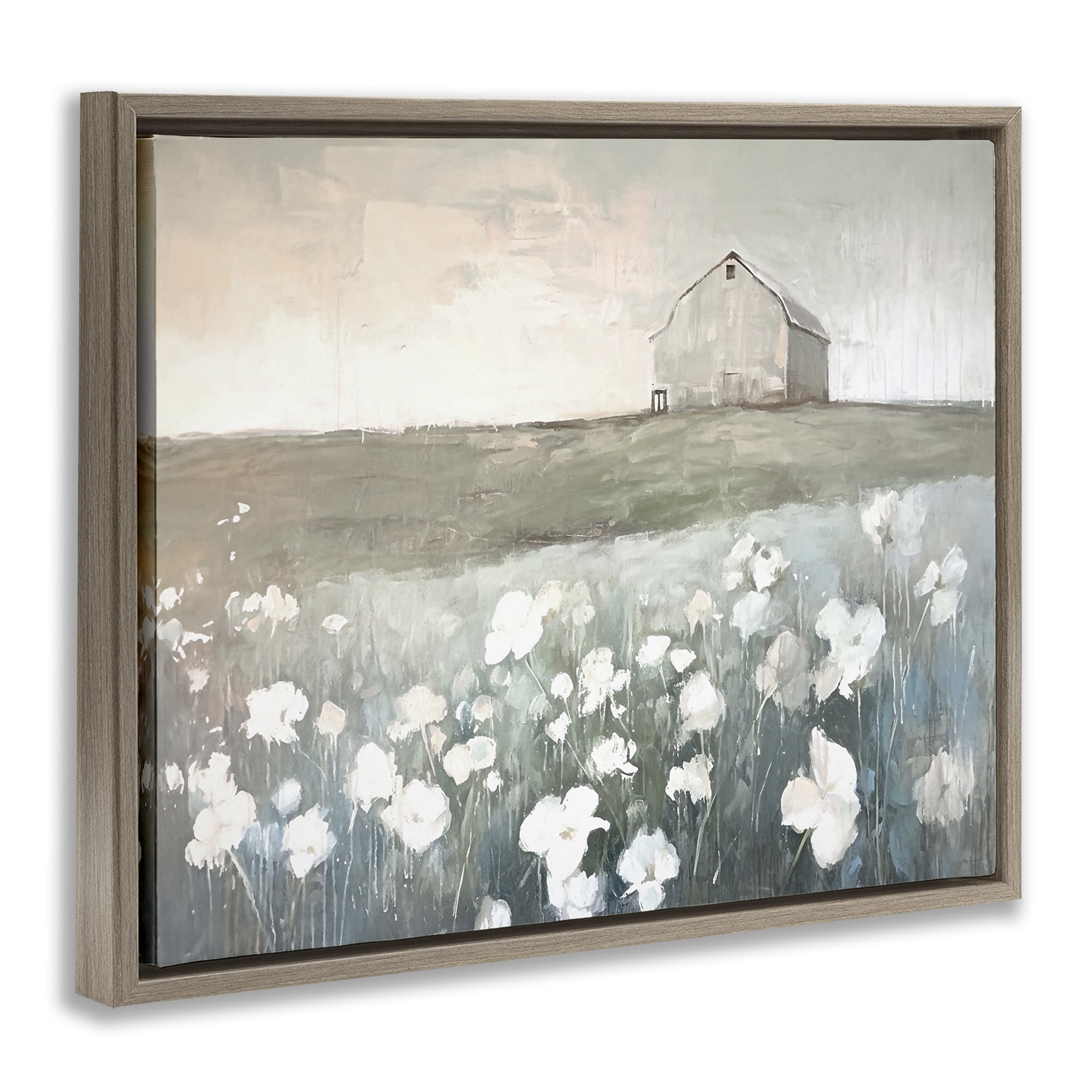 Stupell Industries Peaceful Floral Pasture Landscape Painting Brown Floater Framed Canvas Art Print Wall Art, 31 x 25