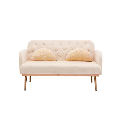 55 Small Velvet Couch With 2 Moon Shape Pillows Twin Size Loveseat Accent Sofa On Tufted Backrest And Golden Metal Legs Upholstered Living Room 600 Pounds Weight Capacity Com