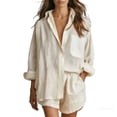 thumbnail image 2 of Favoffer Women Casual Two Piece Sets V Neck Long Sleeve Solid Color Tops Relaxed Fit Side Pocket Shorts Basic Outfits for Daily Casual, 2 of 8